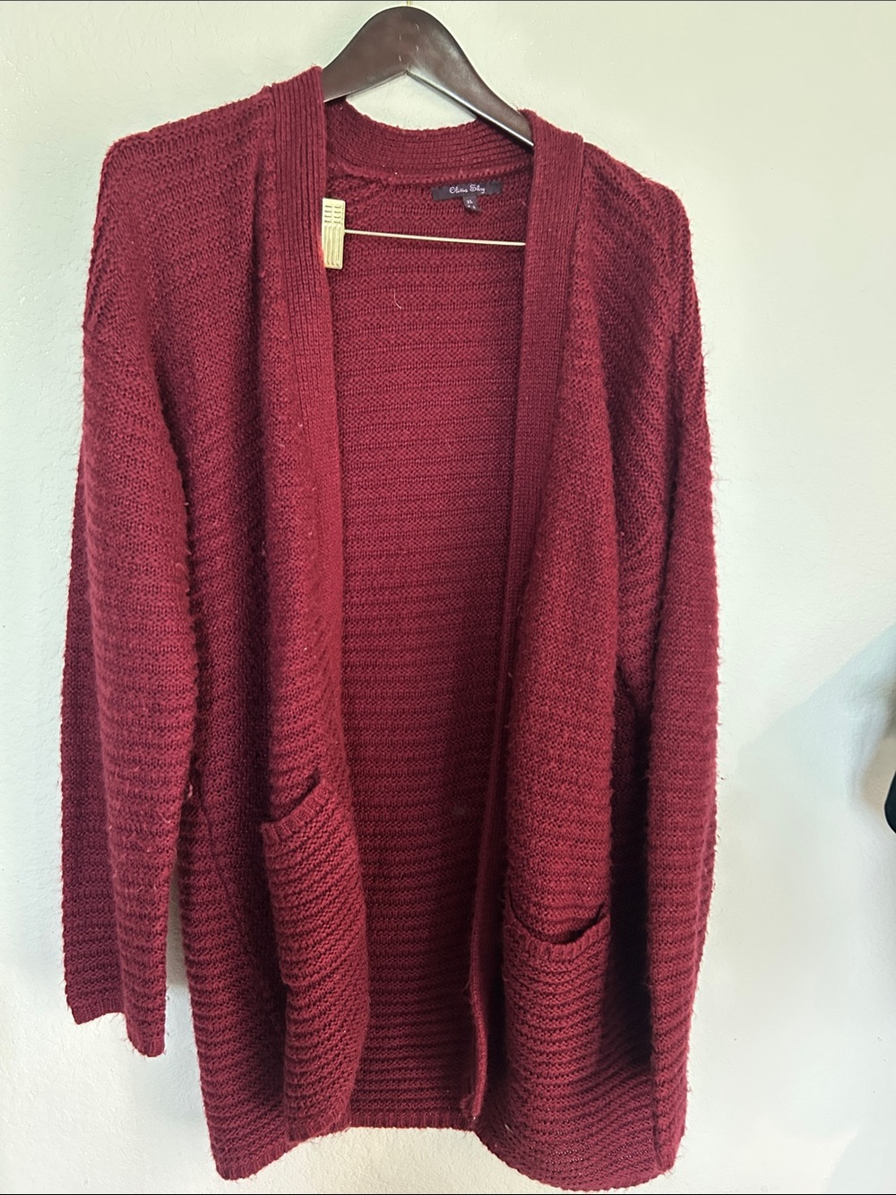 Olivia sky Open-Front Wine Red Knit Cardigan with Pockets